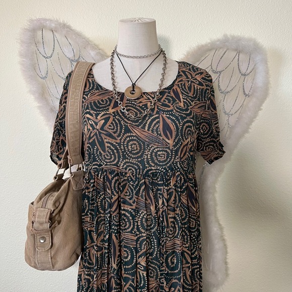 Indie Grunge Granola Girl‎ Brown Green Maxi Dress Pleated Sheer Babydoll 90s - Picture 2 of 6